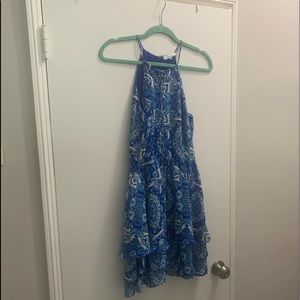 Parker “Glacius Brocatto” Dax Blue and White Paisley Mini Dress, Retail $298